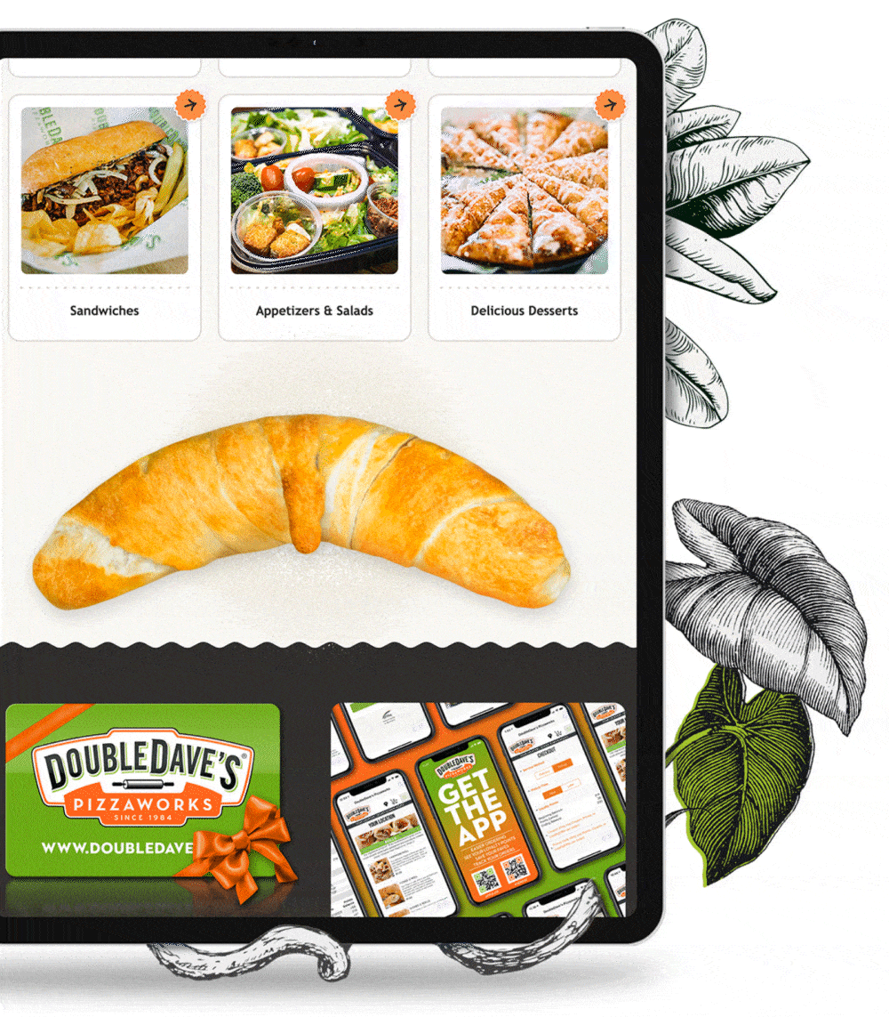 Tablet view of the Double Dave's Pizzaworks website with a pizza roll extending outside of the screen